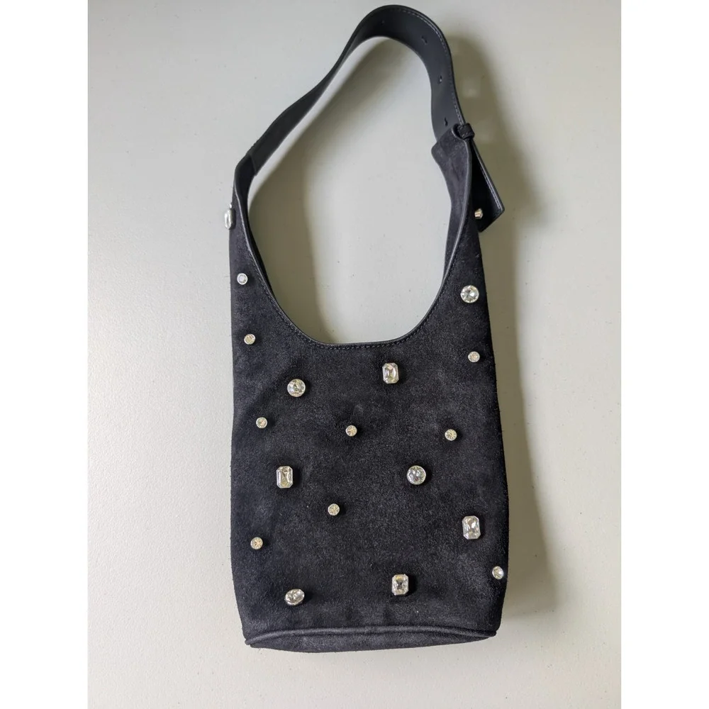 NWT Veronica Beard Small Crystal-Embellished Suede Shoulder Bucket Bag Black